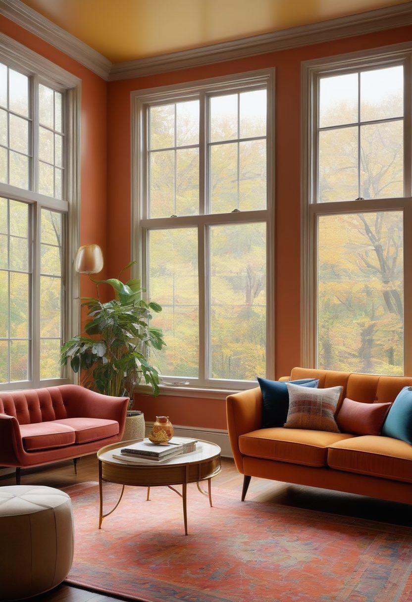 A beautifully renovated living room showcasing a blend of modern and vintage decor, highlighting expert craftsmanship. Include tools like a tape measure and paintbrush subtly placed in the scene, symbolizing home maintenance. Warm, inviting colors with natural light streaming through large windows. A sense of transformation and comfort is essential. super-realistic. vibrant colors. natural lighting.