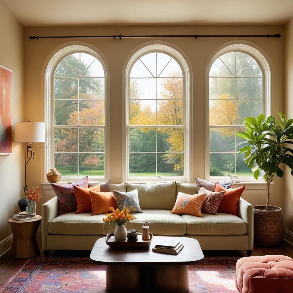 A cozy living room showcasing various home enhancement ideas like a stylish sofa, vibrant wall art, and modern lighting fixtures. Include tools like a paintbrush and a contractor's blueprint on a coffee table, hinting at DIY projects. An inviting atmosphere with warm colors and natural light streaming through a window gives a welcoming feel. super-realistic. warm tones. inviting ambiance.
